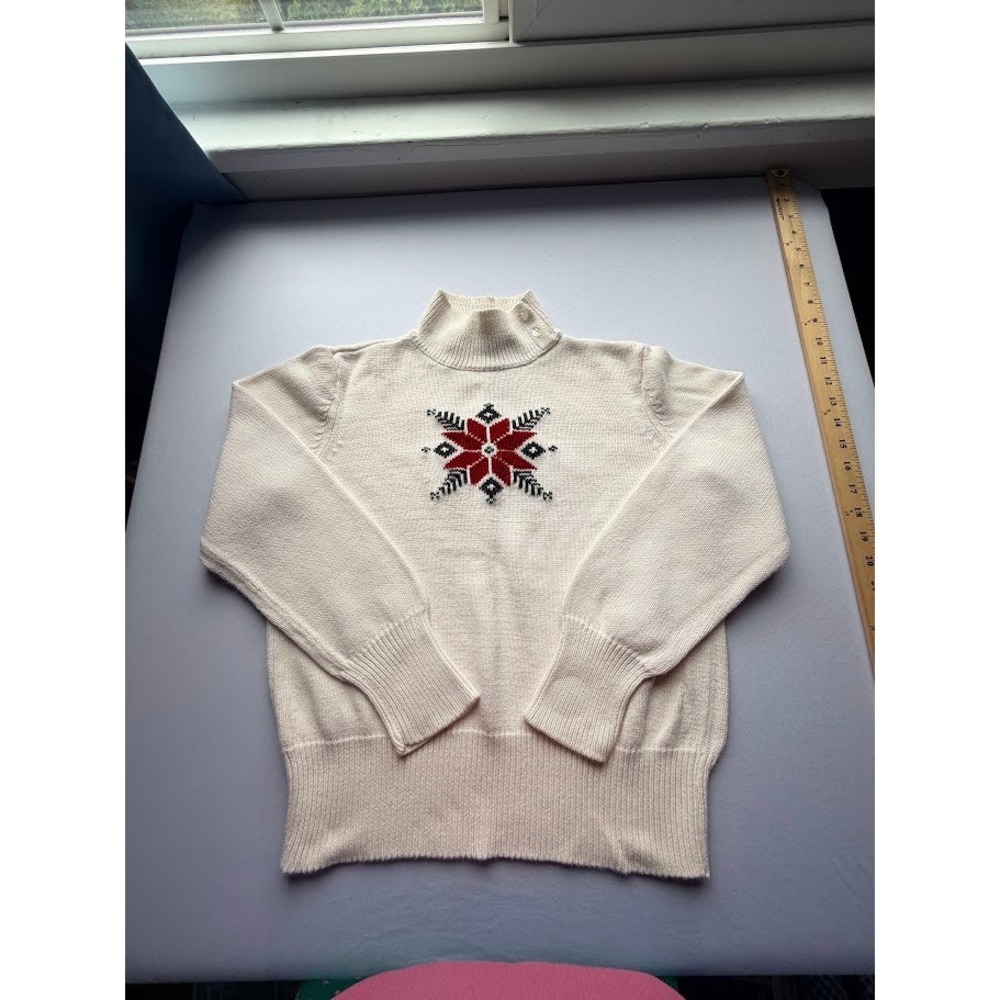 VTG Nordic Snowflake Mock Neck Sweater Button Collar Cotton Knit - M